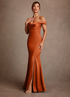 Azazie Boone Mère de la mariée Robes Robe Sirène en Satin extensible Épaule décolletée Orange Brûlée image4