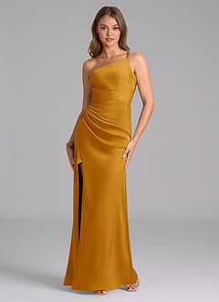 Azazie Eren Bridesmaid Dresses Butterscotch Mermaid One Shoulder Stretch Satin Dress image5