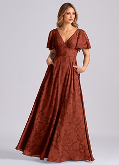 Azazie Kimber 신부 들러리 드레스 A라인 포켓이 있는 플로럴 번아웃 바닥 길이 드레스 image7