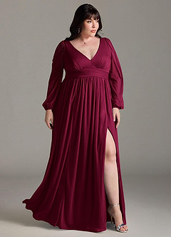 Azazie Norah Robes de demoiselle d'honneur Robe Trapèze en Mousseline de soie Col en V, manches longues Bourgogne image9