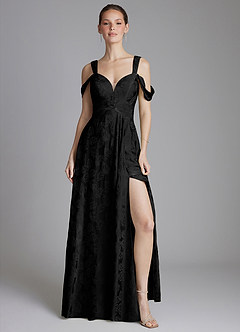 Azazie Emoria Bridesmaid Dresses Midnight Jacquard A-Line Off the Shoulder Jacquard Dress image6