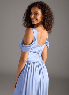 Azazie Lianne Bridesmaid Dresses Ice A-Line Off the Shoulder Stretch Satin Dress image4