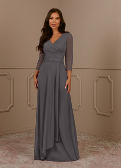 Azazie Annetta Steel Grey A-Line V-Neck Pleated Mesh Dress | Azazie CA