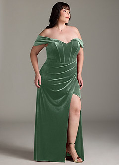 Azazie Jas Jurken voor bruidsmeisjes Converteerbaar Jurk van flueel met Kolom Off-the-shoulder korset Eucalyptus image12