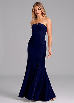 Azazie Yinnie Robes de demoiselle d'honneur Robe Sirène Convertible en velours Sans bretelle Bleu Marine Foncé image3