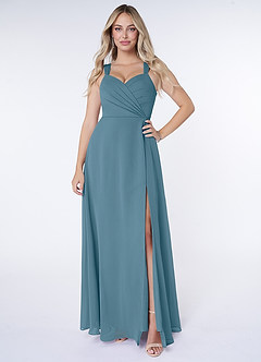 Azazie Nahrin Brautjungfernkleider A-Linie V-Hals Gefaltet Chiffon Kleid Bermudablau image1
