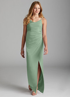 Azazie Deandra Junior Eucalyptus Sheath Mesh Dress image3