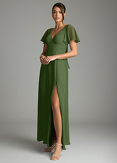 Azazie Kimber Bridesmaid Dresses Olive A-Line Flounce Sleeve Chiffon Dress image5