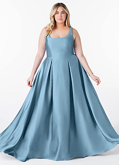 Azazie Neve Jurken voor bruidsmeisjes Jurk van Stretch Satijn met Baljurk met Zakken Staal Blauw image10