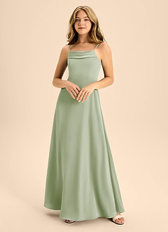 Azazie Anselie Junior Robe Trapèze en Satin extensible Épaule décolletée Vert Sauge image3