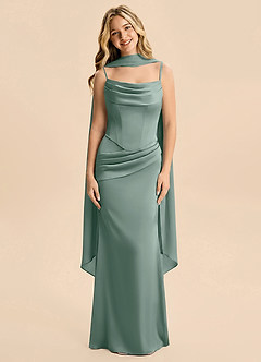 Azazie Sorrel Junior Silver Sage Mermaid Ruched Stretch Satin Dress image3