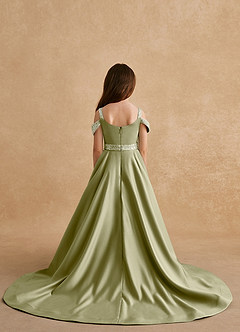 Azazie Jodi Robe Demoiselle D'honneur Fillette Robe Trapèze en Mat Satiné Vert Mousse image2