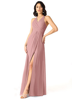 Azazie Danica Vestidos de damas de honor Vestido de Rosa Polvorienta de Gasa de Corte en A con Plisado image3