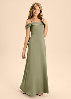 Azazie Anselie Junior Pistachio A-Line Off the Shoulder Stretch Satin Dress image5