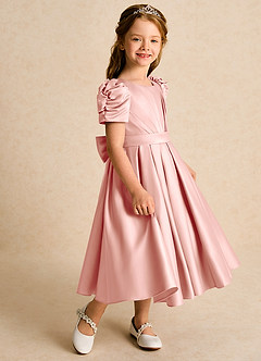 Azazie Miriam Blumenmädchenkleider Ballkleid Plissee Matte Satin Kleid Rosettenrosa image6