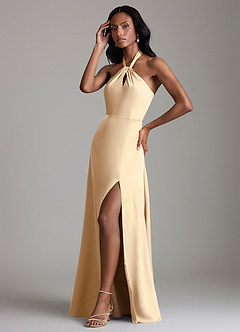 Azazie Tracie Bridesmaid Dresses Champagne A-Line Side Slit Stretch Satin Dress image4