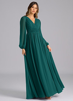 Azazie Palerma Bridesmaid Dresses Peacock A-Line Long Sleeve Chiffon Dress image4