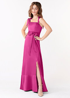 Azazie Barbara Junior Fuchsia A-Line Bow Stretch Satin Dress image1