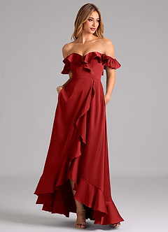 Azazie Lyra Bridesmaid Dresses Pomegranate A-Line Off the Shoulder Stretch Satin Convertible Dress image3