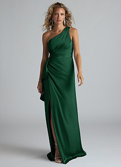 Azazie Maive Bridesmaid Dresses Dark Green Sheath Ruched Stretch Satin Dress image1