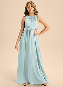 Azazie Jaylah Junior Mist A-Line Pleated Stretch Satin Dress image1