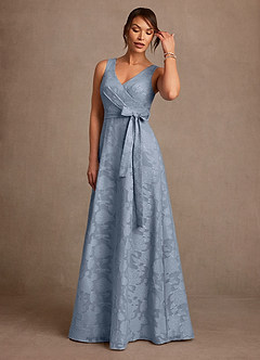 Azazie Luanne vestidos de madre de la novia Vestido de Azul Polvoriento de Devorado Floral de Corte en A con Plisado image4