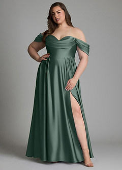 Azazie Loisa Vestidos de damas de honor Vestido Musgo Marino de Satén Elástico de Línea A con Hombros descubiertos image12