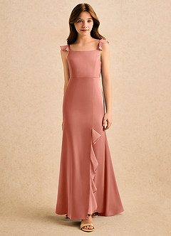 Azazie Novalie Girls Formal Robe Demoiselle D'honneur Fillette Robe Sirène en Satin extensible Arc Rose Saumon image3
