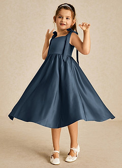 Azazie Chelsie Flower Girl Dresses Neptune A-Line Bow Matte Satin Dress image3