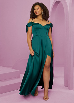 Barbie ♥ Azazie Bridesmaid Dresses Peacock A-Line Off the Shoulder Stretch Satin Dress image3