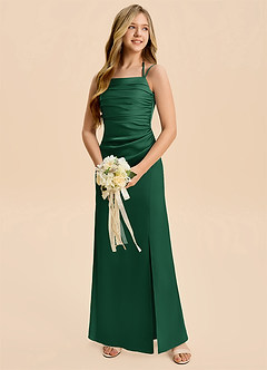 Azazie Nova Junior Dark Green A-Line Pleated Stretch Satin Dress image3