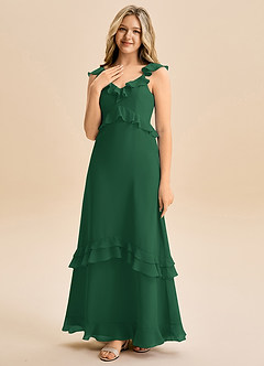 Azazie Tavie Junior Vestido de Verde Oscuro de Gasa de Corte en A con Volante image3