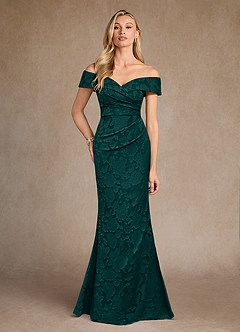Azazie Canton Mother of the Bride Dresses Pine Mermaid Off the Shoulder Floral Burnout Dress image1