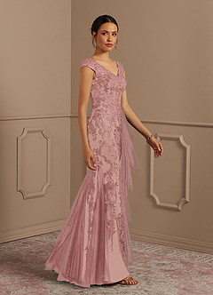 Azazie Melena Mother of the Bride Dresses Dusty Rose Champagne Mermaid Lace Tulle Dress image4