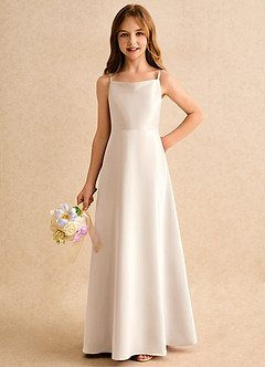 Azazie Joella Junior Formal Jurken voor bloemenmeisjes A-Lijn Jurk van Mat Satijn Geplooid Wit Albast image6