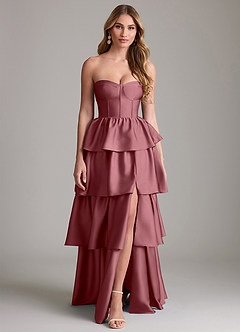 Azazie Faye Bridesmaid Dresses Desert Rose A-Line Ruched Stretch Satin Dress image1