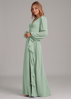 Azazie Simone Abiti da Damigella Abito A-Line in Chiffon Manica Lunga Agave image6