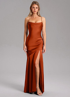 Azazie Grata Robes de demoiselle d'honneur Robe Fourreau en Satin extensible Fente Latérale Paprika image3