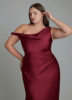 Azazie Emerson Bridesmaid Dresses Burgundy Mermaid Off the Shoulder Stretch Satin Dress image10