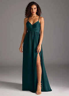 Azazie Alia Bridesmaid Dresses Pine A-Line Pleated Stretch Satin Dress image1