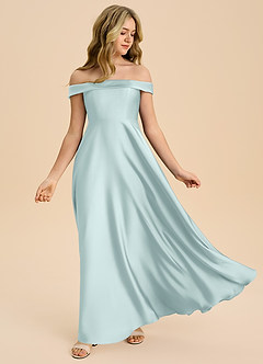 Azazie Sissy Junior Abito A-Line in Raso Elasticizzato a Spalla Scoperta Nebbia image5