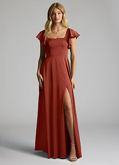 Azazie Bondi Vestidos de damas de honor Vestido de Terracota de Satén Elástico de Corte en A con Lazo image5