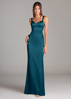 Azazie Denice Bridesmaid Dresses Ink Blue Sheath Pleated Stretch Satin Dress image3