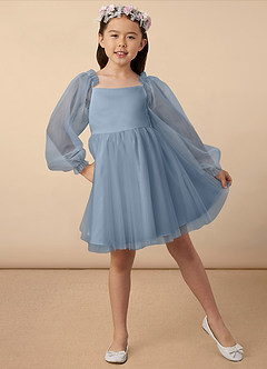 Azazie Aya Flower Girl Dresses Dusty Blue A-Line with Sleeves Tulle Dress image1