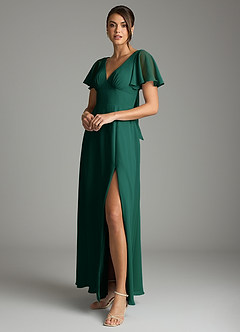 Azazie Kimber Vestidos de damas de honor Vestido de Esmeralda de Gasa de Corte en A con Manga volante image5