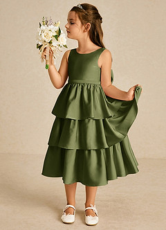 Azazie Margery vestidos de niña de las flores Vestido de Oliva de Satén Elástico de Corte En A con Lazo image4