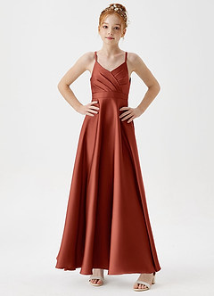 Azazie Avelina Junior A-Linie Plissee Stretch-Satin Kleid Terrakotta image3