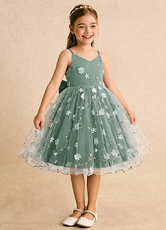 Azazie Junebug Flower Girl Dresses Eucalyptus Ball-Gown Spaghetti Strap Tulle Dress image5