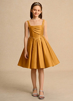 Azazie Jello Girls Formal Flower Girl Dresses Butterscotch Ball-Gown Pleated Matte Satin Dress image1