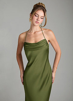 Azazie Mae Bridesmaid Dresses Olive Mermaid Pleated Stretch Satin Dress image3